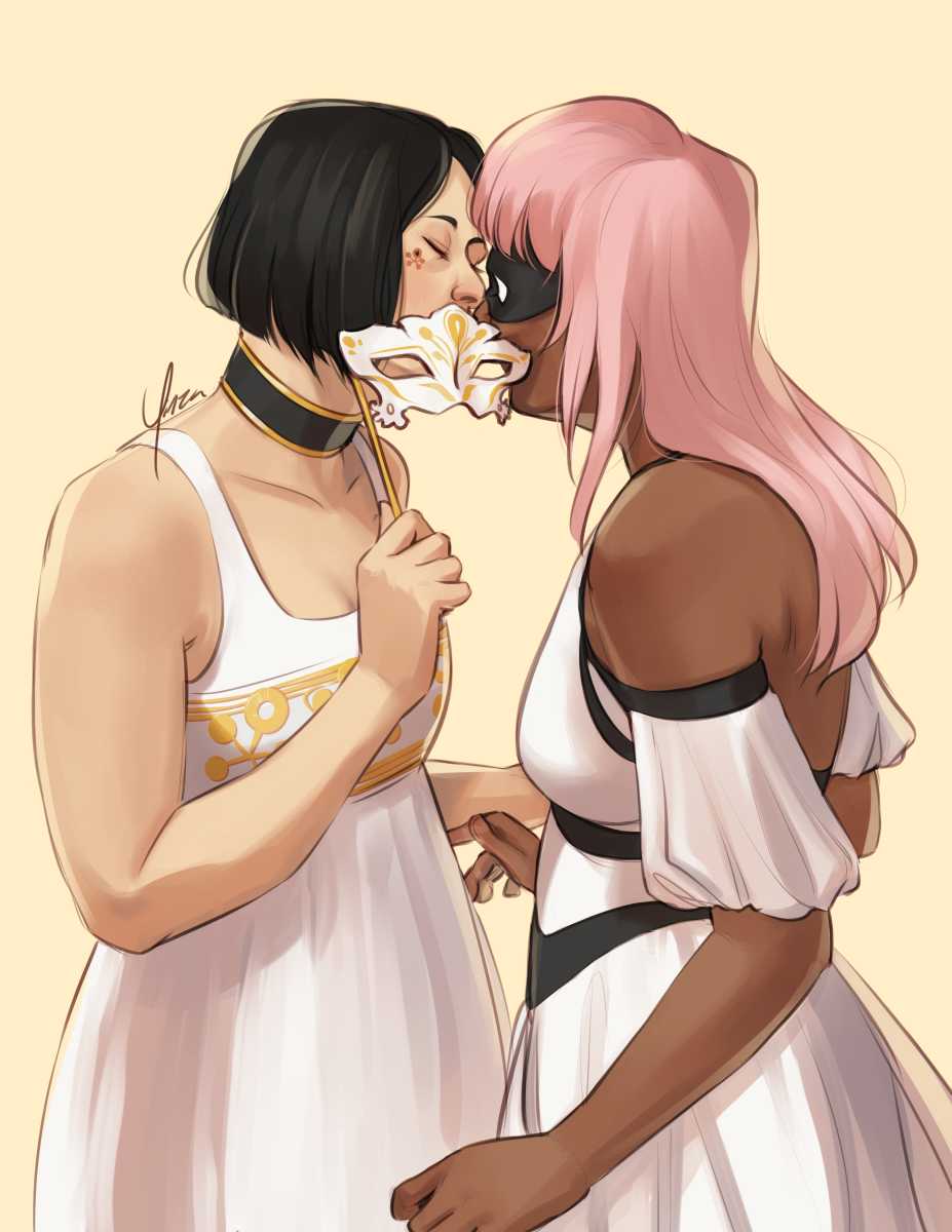 Digital artwork of Sepira and a Cervello operative from Katekyo Hitman Reborn! The Cervello wears a white halter dress with off-shoulder sleeves and black bands accenting the bodice. Sepira is wearing a sleeveless white dress with gold embroidery across the chest similar to her tattoo. She holds a matching masquerade mask, hiding their mouths as they lean in about to kiss.