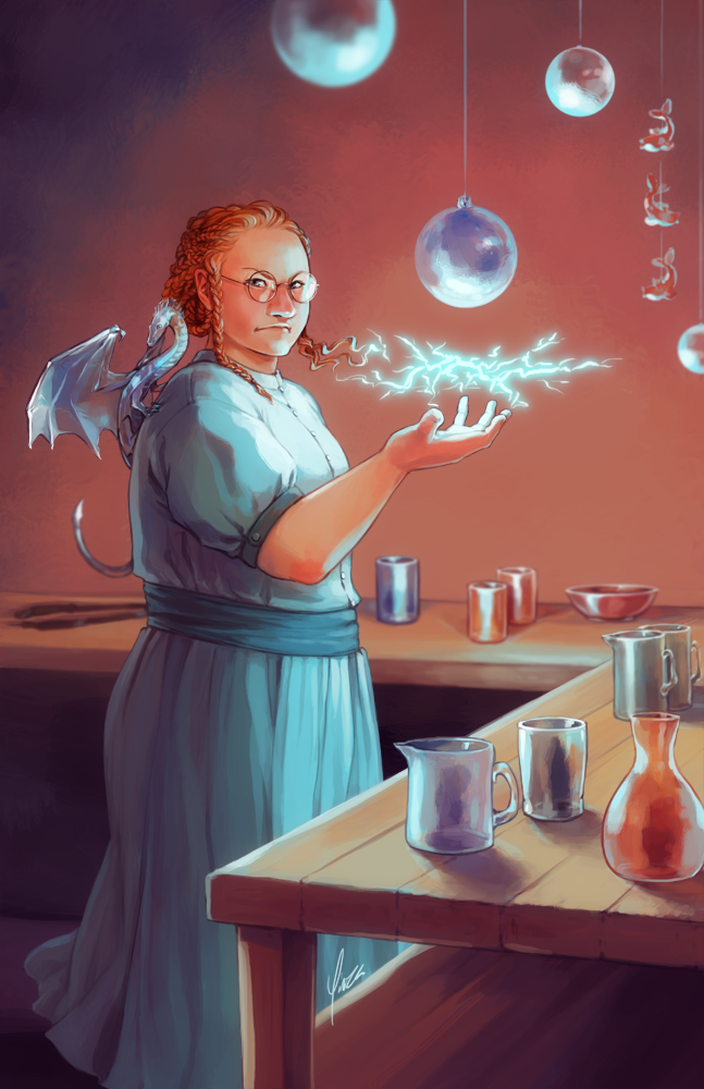 Tamora Pierce's Trisana Chandler stands in the glassmaker's shop with Chime the dragon on her shoulder, holding lightning in her palm.
