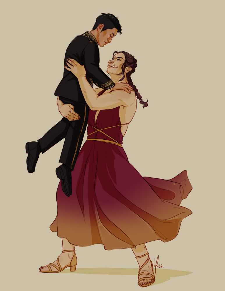 Taura raises Jedao in a dance lift. Taura is wearing a backless burgundy gown while Jedao is in a black suit with gold detailing.