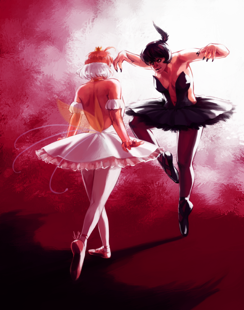 Princess Tutu stands with her back to the viewer, facing off against Princess Kraehe.