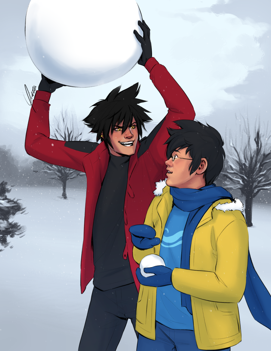 Crossover fanart of Kingdom Hearts' Vanitas about to drop an enormous snowball onto John Egbert from Homestuck.