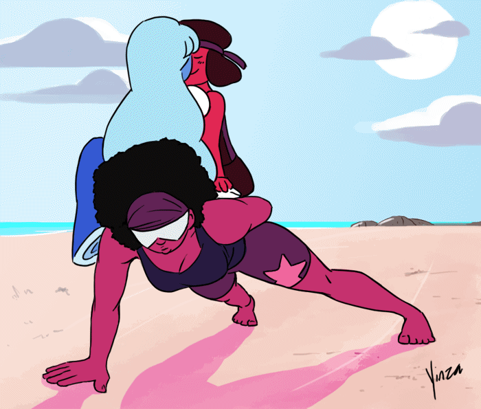 An animation of Garnet doing one-handed pushups while Ruby and Sapphire sit on her back.