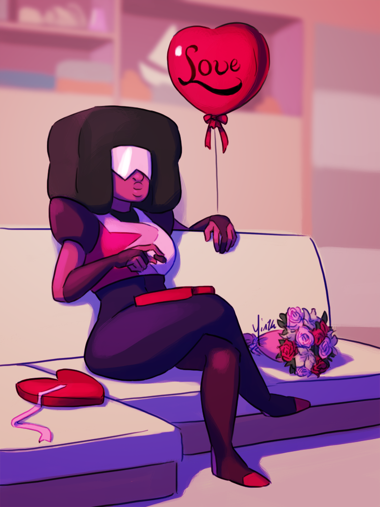 Garnet sits on a sofa eating chocolates out of a heart-shaped box, holding a balloon that says 'Love.' A bouquet of flowers sits beside her.