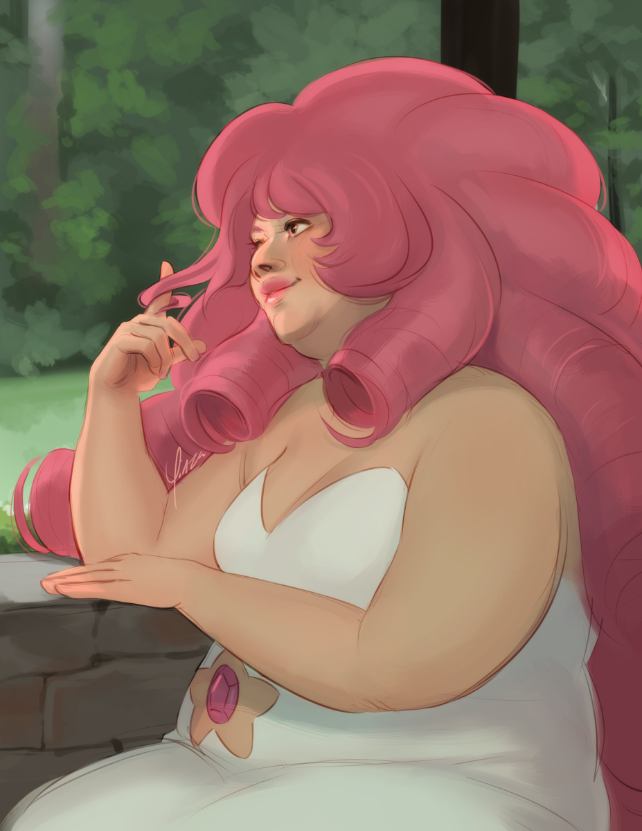 Digital artwork of Rose Quartz from Steven Universe. Shown from the waist up, she is seated inside a stone gazebo. Her left hand rests atop the wall of the gazebo while she leans on her right elbow and twirls a lock of hair around her finger as she looks off into the distance, daydreaming. Outside, there is a stretch of open grass leading to dense trees.