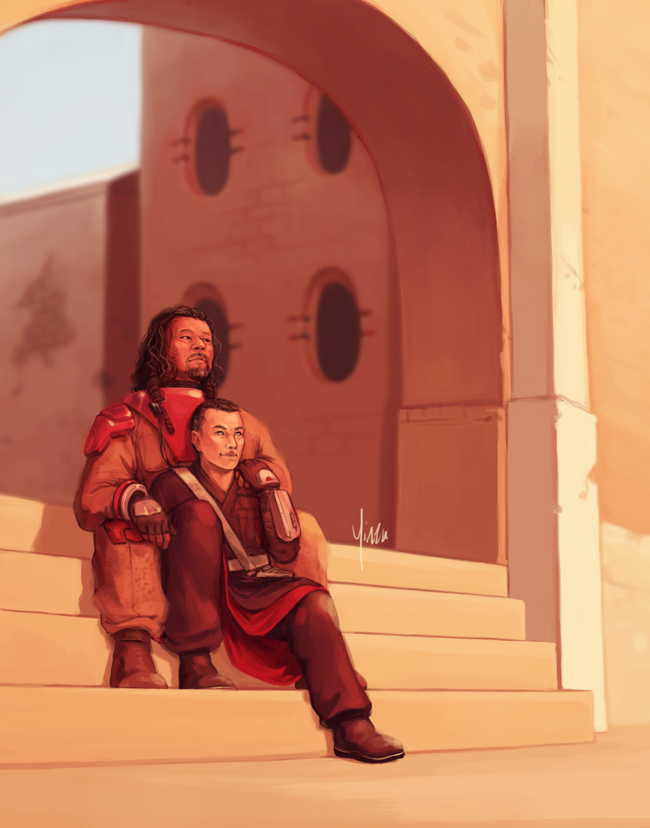 Baze Malbus and Chirrut Imwe sit on a set of steps in Jedha, holding hands.