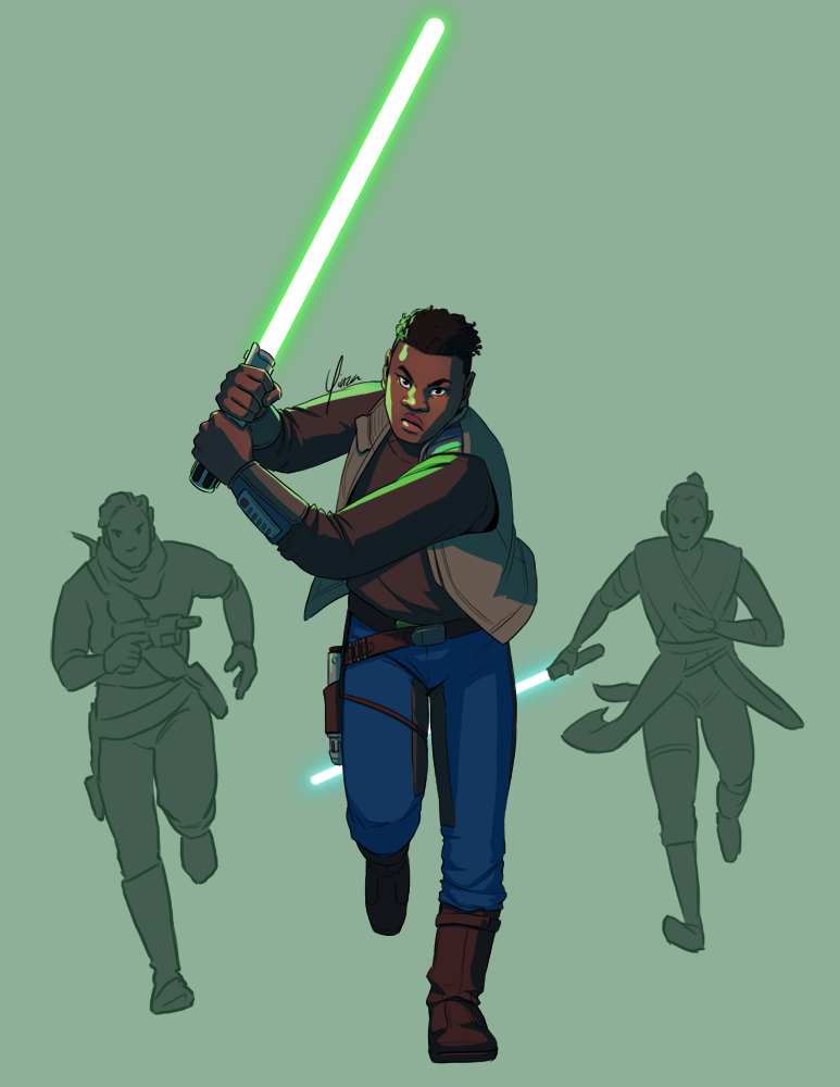 Finn charges towards the viewer wielding a green lightsaber, while Rey and Poe follow silhouetted behind him.
