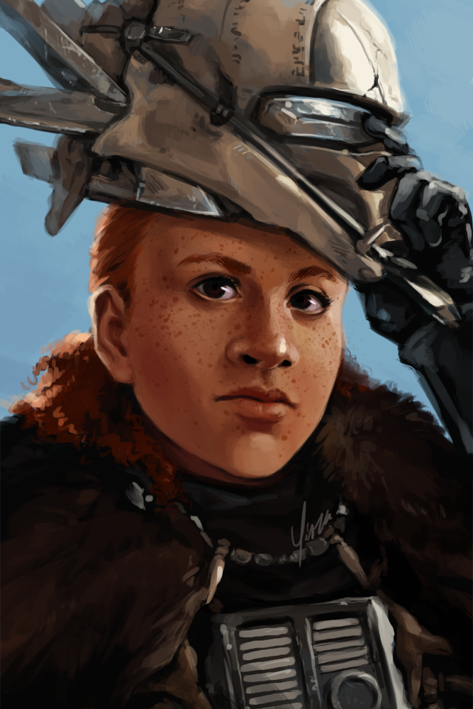 A portrait of Enfys Nest lifting her mask.