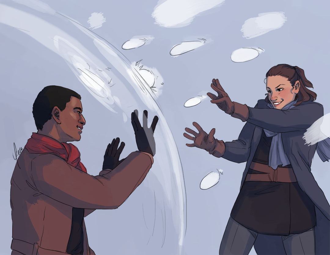 A grinning Rey throws a battery of snowballs using the Force, while Finn uses a Force shield to protect himself from them.