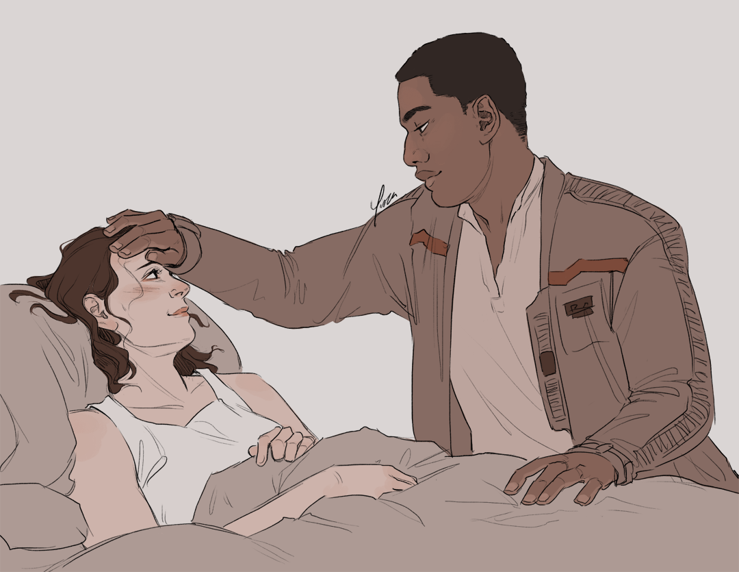 Rey lies in bed sick. Sitting at her bedside, Finn puts a hand to her forehead to check her temperature.