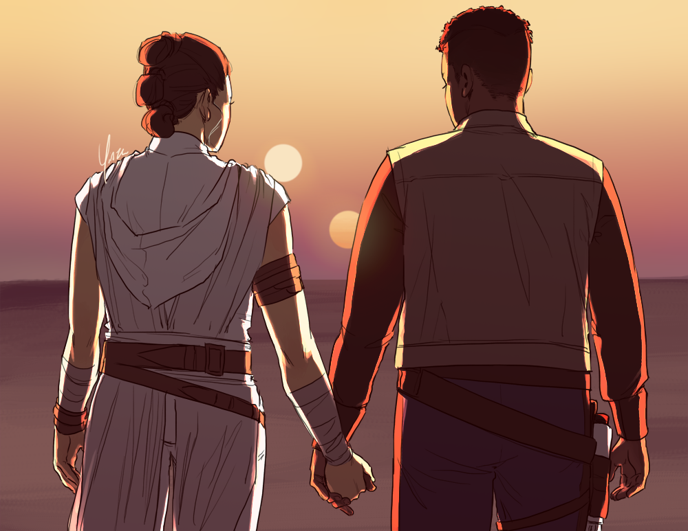 Finn and Rey stand hand-in-hand, silhouetted against the sunset sky of Tatooine. Their backs are to the camera.