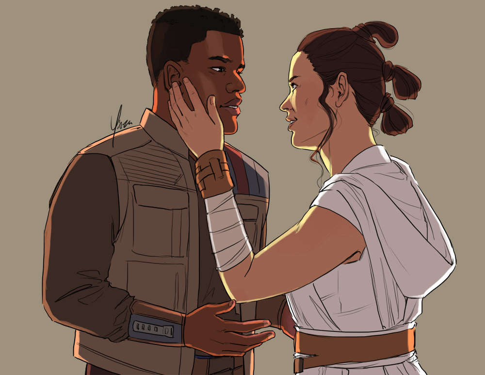 Finn and Rey stand facing each other. Finn is lowering his hands from a gesture while Rey lays a hand gently against his cheek.
