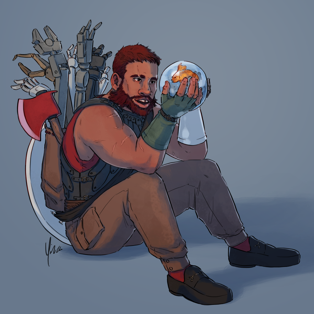 Magnus Burnsides sits singing to Steven the goldfish.