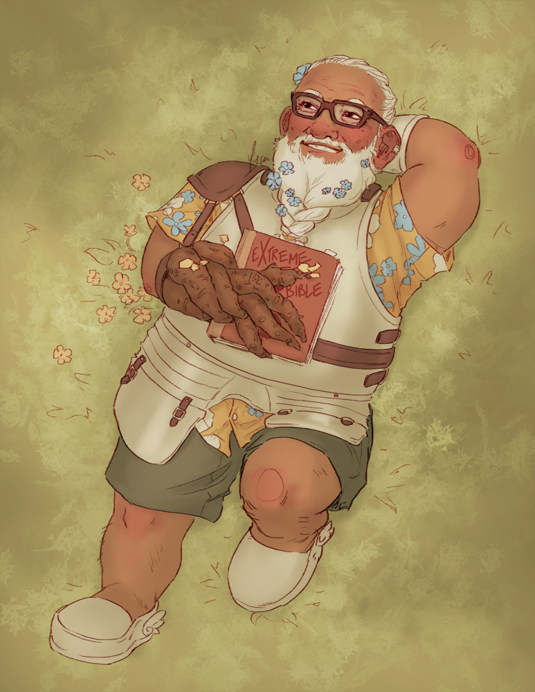 Merle Highchurch lies on his back in the grass, holding his Extreme Teen Bible to his chest with his wood arm.
