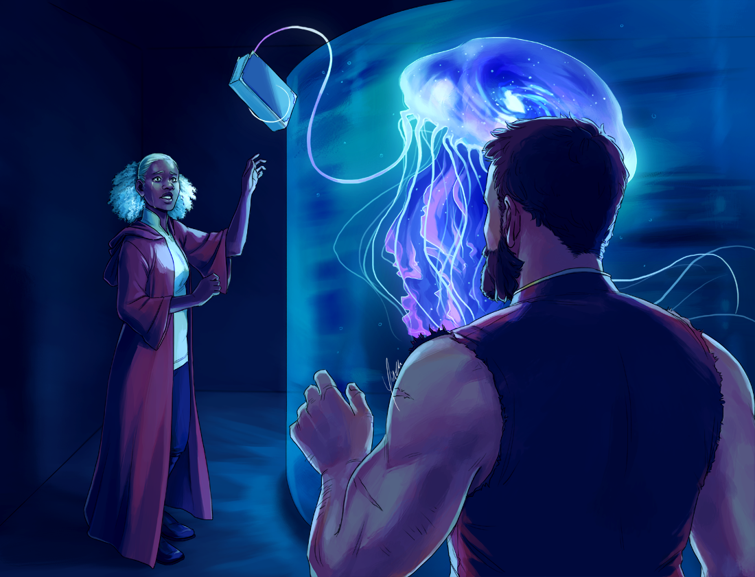 Magnus stands with his back to the viewer, arm half-raised. In front of him, Lucretia stands next to the voidfish's tank, feeding him the last of her journals. Everything is bathed in the blue light from Fisher's tank.
