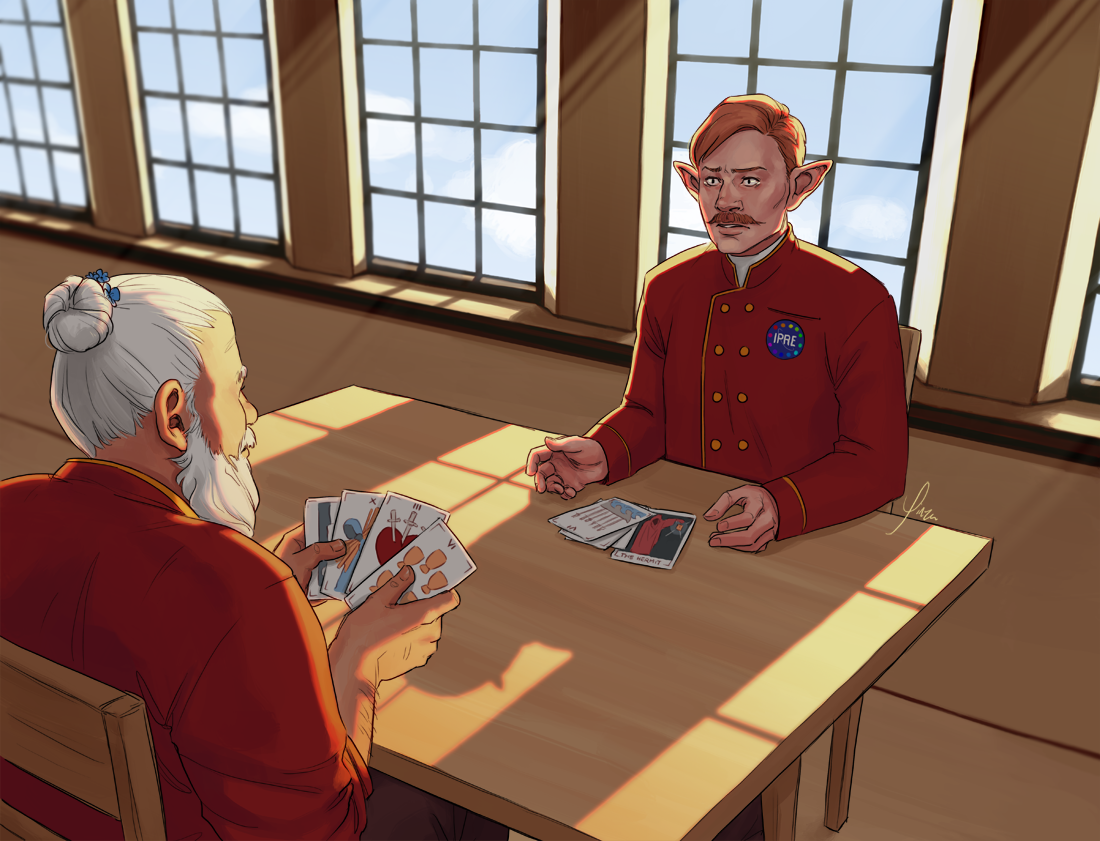 Merle and Davenport sit at a table playing a game with Tarot cards. Merle sits with his back to the viewer, and sunlight streams in through the windows behind Davenport. Davenport has just dropped his cards and looks alarmed.