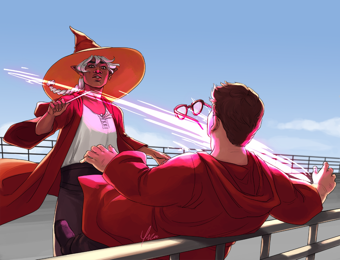 Taako and Barry Bluejeans are on the deck of the Starblaster. Taako has just blasted Davenport with magic, and Davenport is falling over the railing off of the ship.
