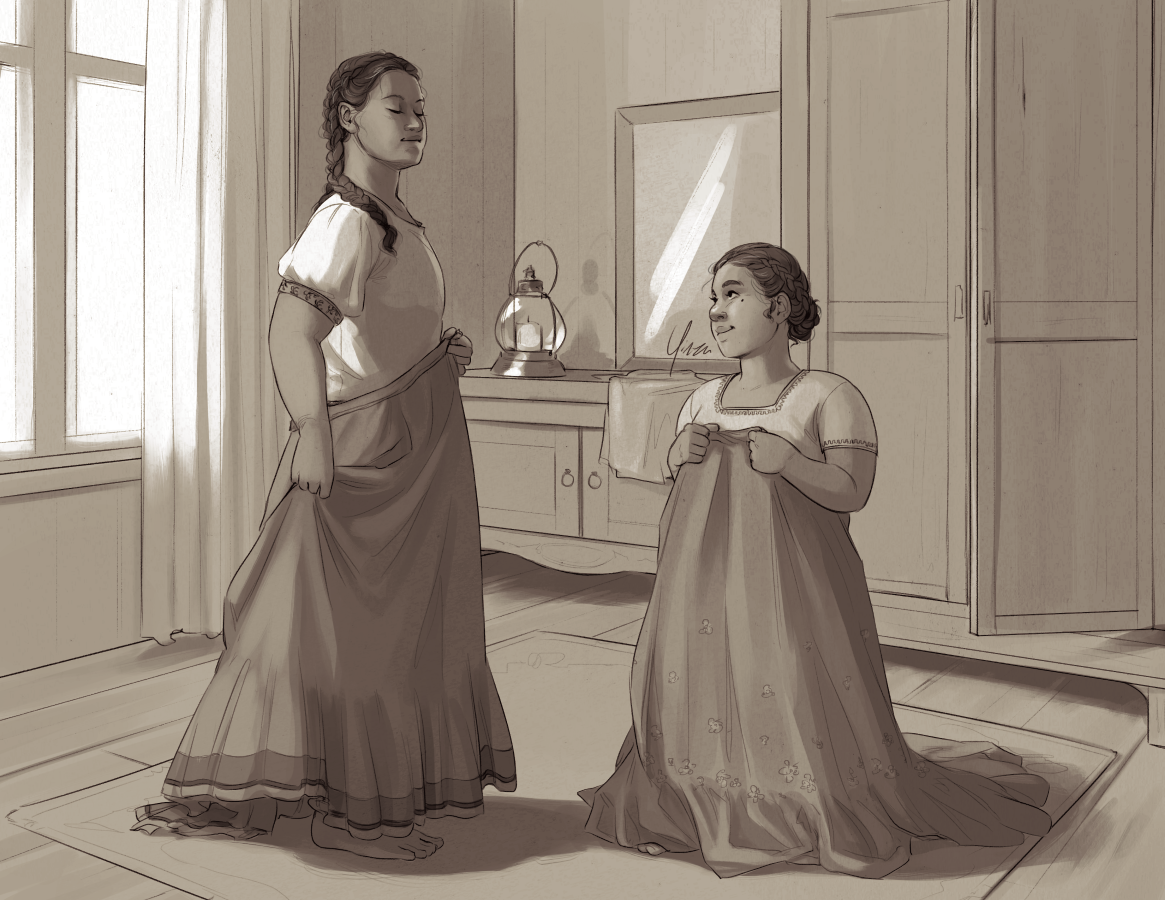 A sepia-toned digital drawing of two sisters in a bedroom, dressing up in their mother's skirts. The older sister is still a little small for the skirt but stands with her head held imperiously, lifting up the skirt with one hand. Her hair is in twin braids. The younger sister holds her skirt with both hands up to her chest, but the hem still sits in folds on the floor. Her hair is in a braided bun and she is looking up at her sister with a smile.