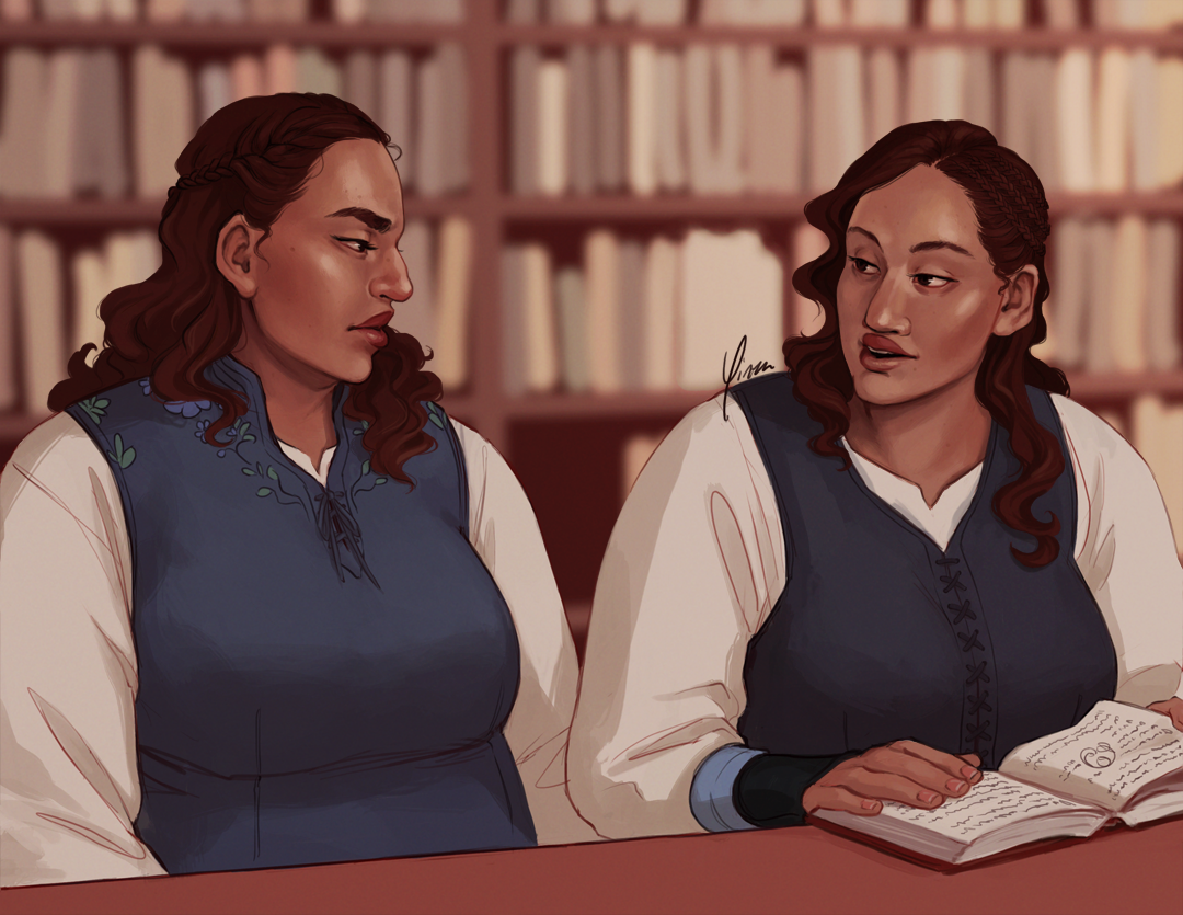 Two sisters sit next to each other in a library.