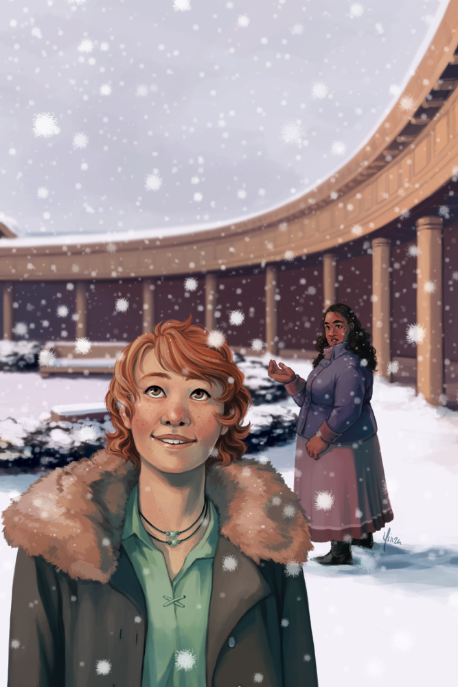 In the foreground, a young woman looks up at the falling snow. In the background behind her, another woman stands with her hand outstretched to catch snowflakes, but she is looking at the woman in the foreground.