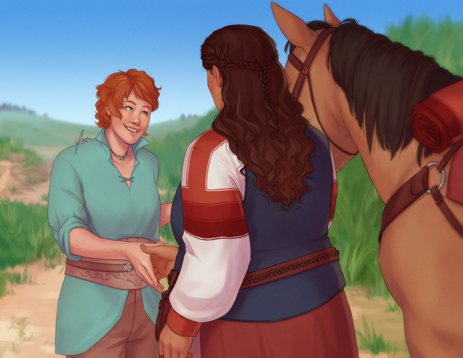 Digital artwork of two women shaking hands, shown from the waist up. They stand amid rolling grassy hills on a sunny day. The woman with her back to the viewer is tall and heavyset, with light brown skin and long wavy brown hair tied back from her face with side braids. She wears a dark blue vest over a white blouse with red-orange stripes along the sleeves and a reddish-brown skirt. A saddled dun horse stands to her right. Opposite her is a petite woman with light freckled skin and short wavy red hair. She wears a wide brown belt over a light turquoise blouse and brown pants. She is the one initiating the handshake, and looks into the other woman’s face with a bright smile.
