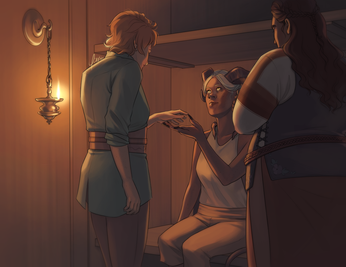 Digital artwork of three women in a sparse ship's cabin, lit by an oil lamp hanging on a hook. One woman, Numir, is seated on the lower bunk. She is thin and dark-skinned with pale hair and ram's horns, the tips of wings hooking forward over her shoulders. She wears a plain white halter and brown pants. Standing in front of her is Gia, a slender light-skinned woman with short red hair wearing a wide brown belt over a turquoise blouse. Gia's back is mostly to the viewer, and she reaches hesitantly towards Numir, who looks up at her with a knowing smile as she offers her own hand. To the side stands Holanka, a fat brown-skinned woman with long dark hair, wearing a blue vest over a white blouse and reddish brown skirts. She also stands with her back to the viewer, her arms folded as she watches the other two.