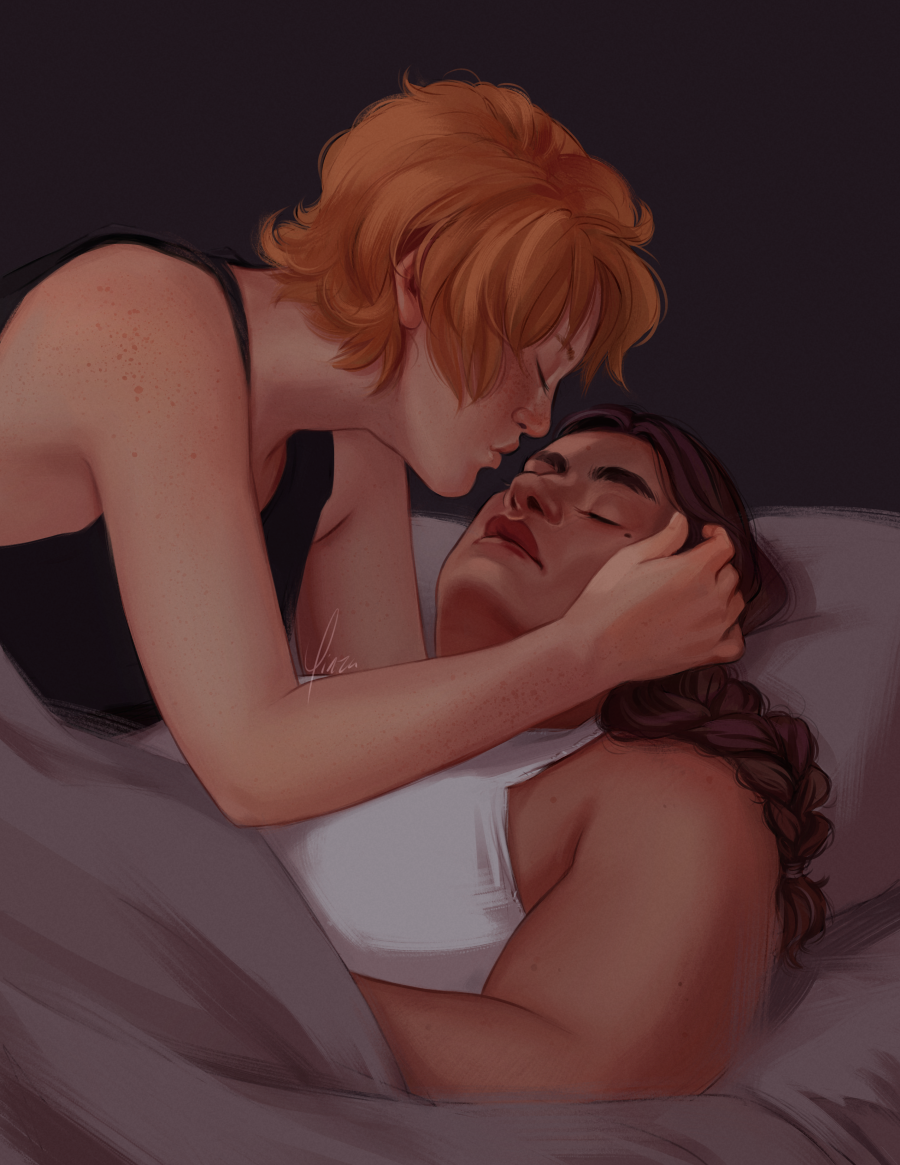 Digital art of two women. One lies in bed asleep, the other is brushing her hair from her face, about to kiss her forehead.