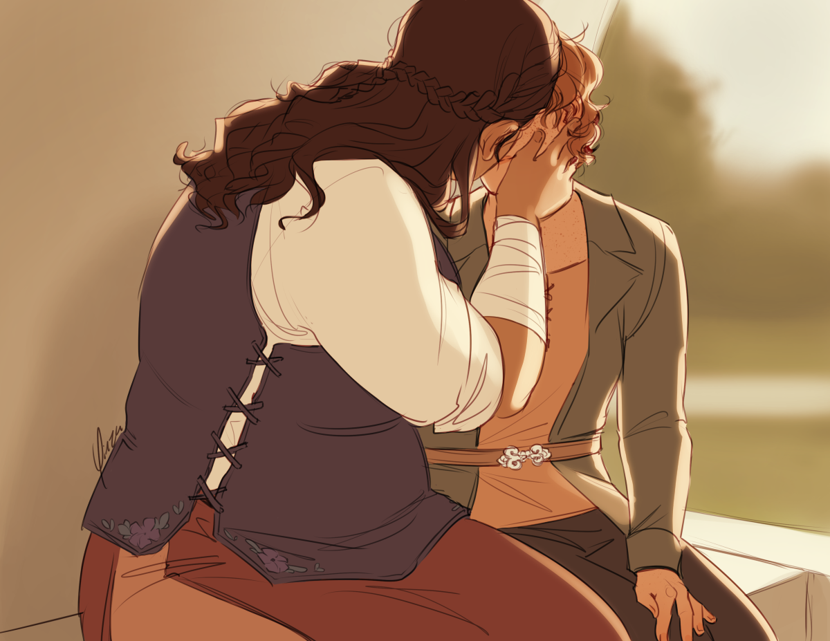 A digital sketch of two women kissing. They are seated on a bench just inside a window overlooking a sunny courtyard. The woman on the left (Holanka) is heavyset with light brown skin and long wavy dark hair held back from her face with side braids. She wears a dark blue vest over a white blouse and reddish-brown skirt, and her right forearm is bandaged. The woman on the right (Gia) is petite with light freckled skin and short wavy red hair. She wears a dark green jacket over a pink blouse and black pants. Holanka is turned away from the viewer, cupping Gia's cheek with her right hand as she leans in to kiss her. Just enough of Gia's face is visible to show she is smiling.