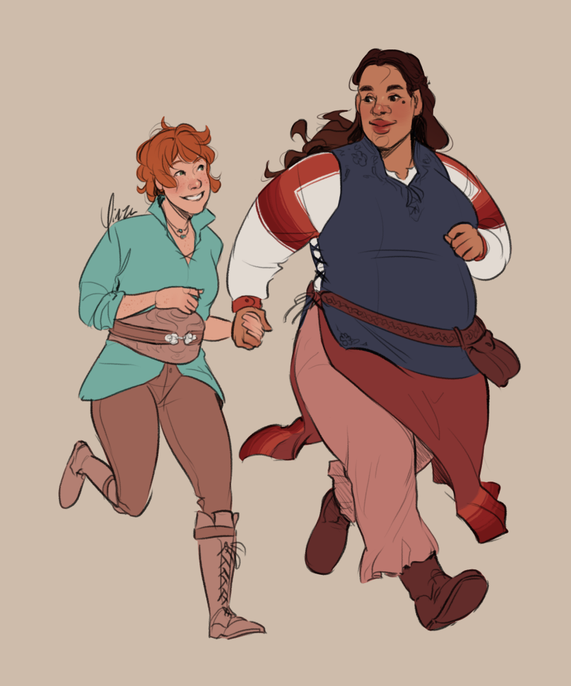 Digital artwork of two women running. The woman on the left (Gia) is slender with light freckled skin and short wavy red hair. She wears a wide brown belt over a turquoise blouse, brown pants, and high boots. The woman on the right (Holanka) is tall and fat with light brown skin and long dark hair. She wears a dark blue vest over a white blouse with red-orange stripes on the sleeves, and divided reddish-brown skirts. The two hold hands as they run, smiling at each other.