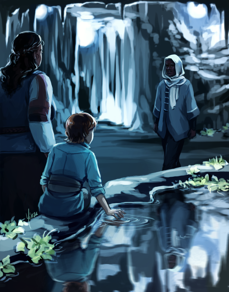 Inside of a cavern, two women near a reflecting pool look up as a man approaches.