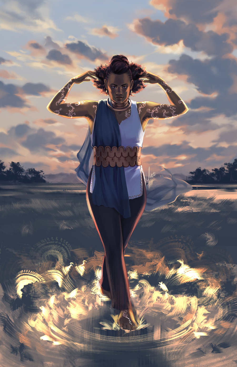A digital painting of a fictional goddess. She has a slender build, brown skin, and black hair that is partially pulled into a twist on top of her head, and partially loose in the back. She wears a white sleeveless shirt over black pants with a long piece of translucent blue fabric worn over her right shoulder and secured with a wide golden belt, and gold earrings and necklaces. Spiralling white lines wind around her exposed skin, except for her face. She is in the middle of an open field with distant mountains, a sunset sky filled with clouds behind her, backlighting her. Both hands are raised, flipping back her hair, and she walks towards the viewer with a smirk. Bright light illuminates the ground at her feet in rough brushstrokes.