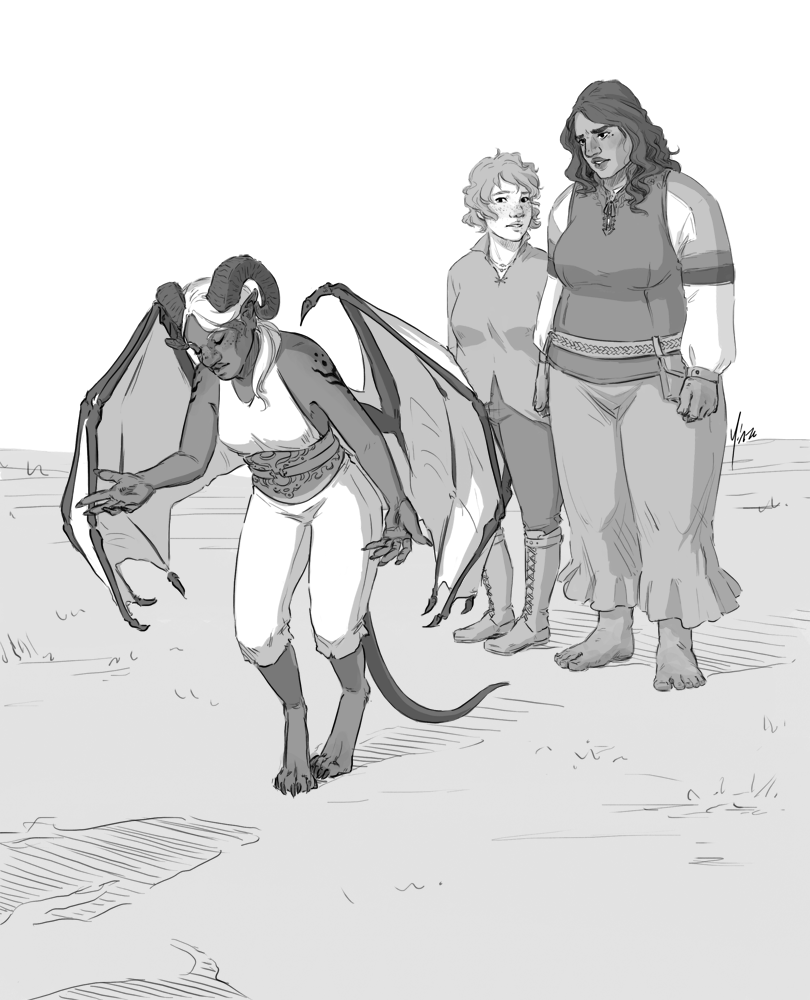 A draconic woman bows to a shadowy figure not in the picture. The two women standing behind her exchange uneasy looks.