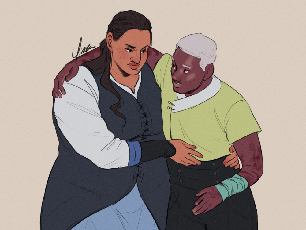A colored digital sketch of two OCs, shown from the waist up. On the left is Dienna, a fat woman with light brown skin and long dark brown hair. She wears a long dark blue vest over a white blouse and light blue skirt. On the right is Yulshein, a slim black man with short grey hair and gold eyes. He wears a light green shirt and black pants, and his wrist is bandaged, blood smeared in patterns along both arms. He has one arm across Dienna’s shoulders, and she is supporting him. Her expression is serious, and Yulshein looks up at her inquisitively.