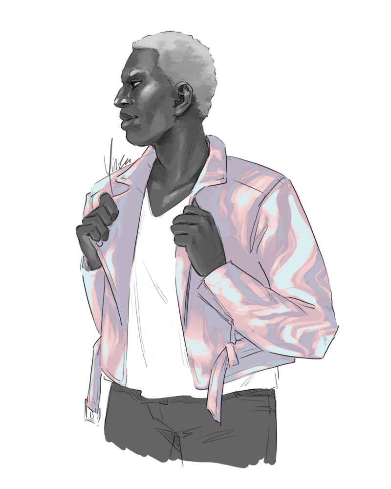 A sketch of a black man with his hands on the lapels of his jacket.