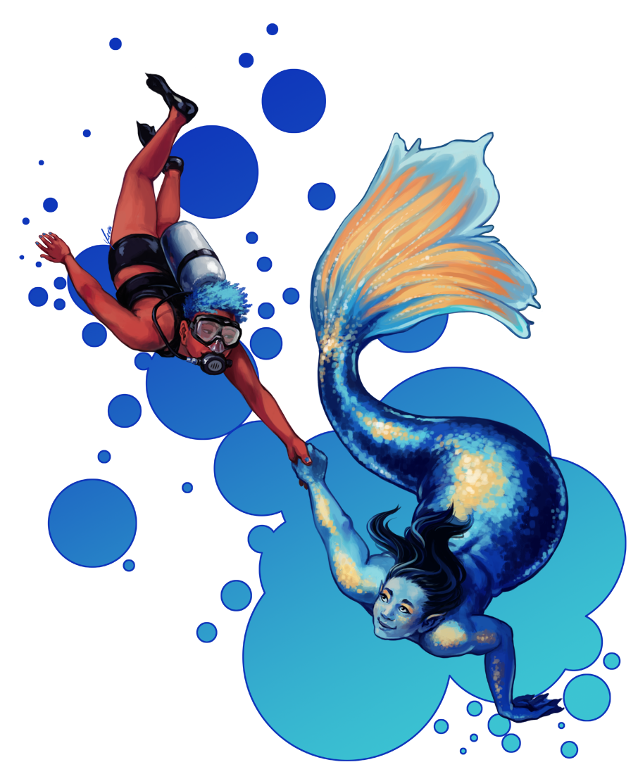 A mermaid leads her human girlfriend, wearing scuba gear, down into the ocean.