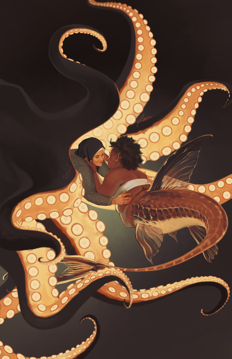 A digital painting of two mermaids in an embrace. The mermaid on the left has the body of an octopus which is black on top and a warm gold on the underside of the tentacles. She has light brown skin and wears a black hijab and long-sleeved grey shirt with a gold pattern. She is reaching around the other mermaid's waist while her tentacles swirl open around them. The mermaid on the right is a fat black woman with black natural hair. Her tail is that of a whiptail catfish and matches the brown of her skin, with a paler gold underbelly. She holds the face of the octopus mermaid in her hands. The two of them smile softly at each other.