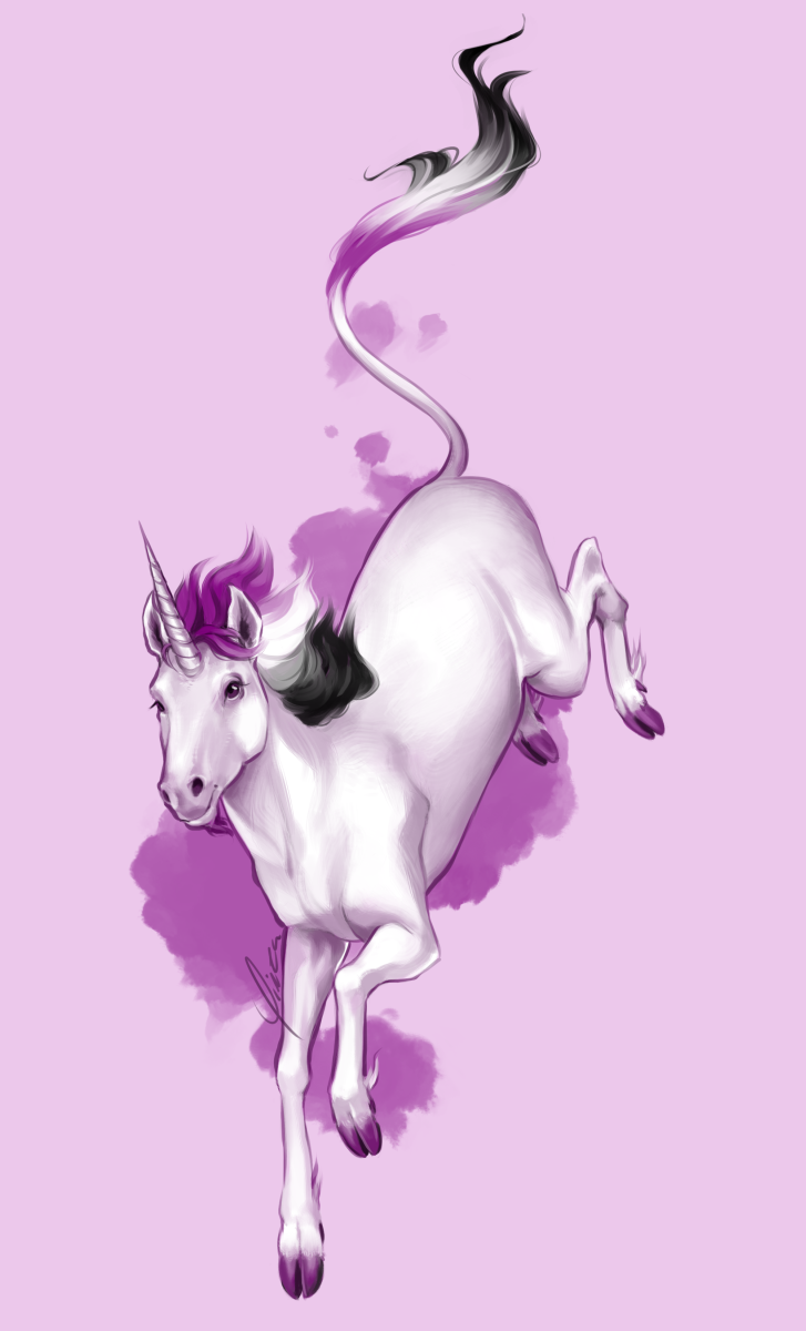 A digital painting of a unicorn coming down from a jump. It has the cloven hooves of a deer and a long tufted tail more like that of a lion. Its body is white, with its mane and tail in the colors of the asexual flag.