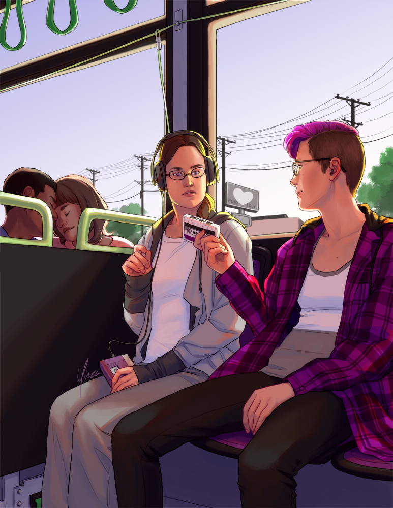 A digital illustration of a scene on a bus. Two versions of the same person are seated next to each other; the teen version is sitting stiffly, dressed all in greys, and listening to a tape on headphones. She is cautiously lifting her hand to accept a cassette tape printed with asexual flag colors from the adult next to her, who is sitting at ease and wearing ace colors. Behind them sits a couple cuddling, and in the background is a sign reading 'find love.' The bus itself has colors from the aromantic flag.