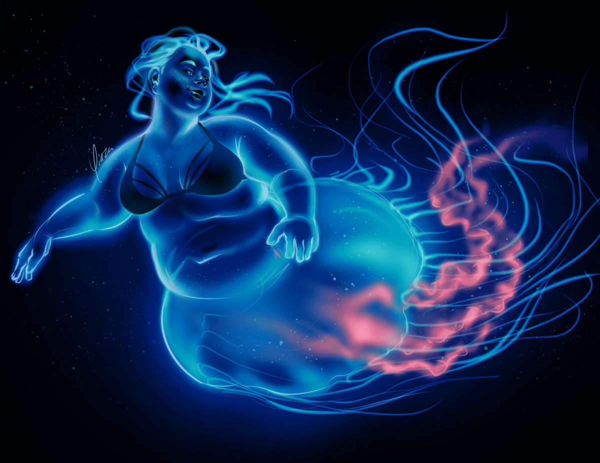 Digital artwork of a mermaid whose lower half is the bell and tentacles of a jellyfish. She is fat with long hair similar to the tentacles on her bell, and she wears only a strappy black bra. Her entire body is translucent, glowing blue against black water, with the arms hanging down from the center of the bell a bright pink color. She drifts peacefully, looking back over her shoulder.