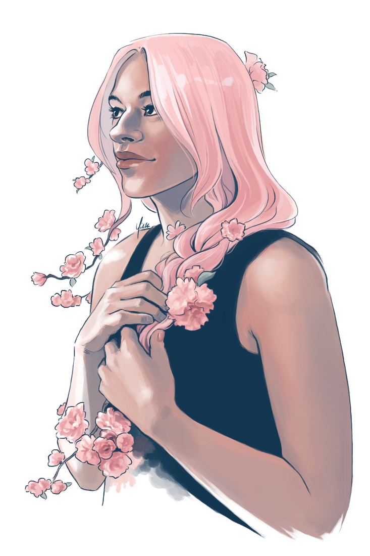 A portrait of a woman braiding her pink hair, which turns into cherry blossoms.