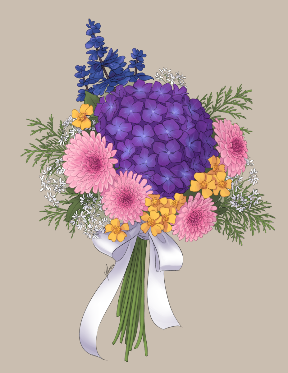 Digital artwork of a bouquet of flowers. In the center is a purple hydrangea. It is surrounded by pink chrysanthemums, yellow tarragon flowers, white coriander flowers, and sprays of arborvitae, as well as a few stalks of blue salvia at the top. The bouquet is tied with a silver ribbon.