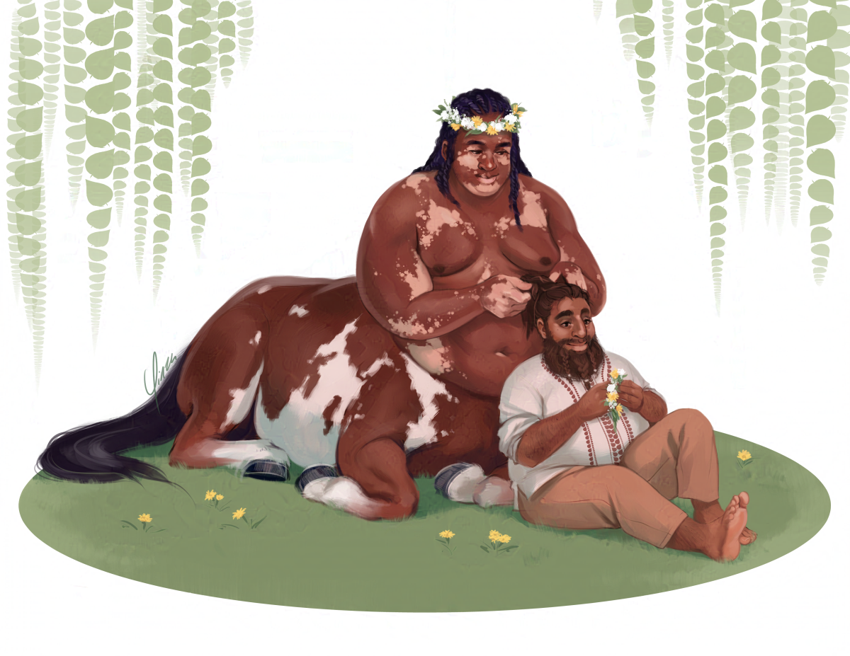 Digital artwork of a centaur and a dwarven man sitting together on the grass. The centaur has the torso of a fat black man with vitiligo, his hair in long twists, and he wears a flower crown. His body is that of a paint horse (brown with white splotches). The dwarf is a fat South Asian man with small braids in his beard. He wears a white shirt with the sleeves rolled up and light brown pants. The dwarf is seated in front of the centaur, working on a second flower crown, while the centaur braids his hair. Both are smiling peacefully.