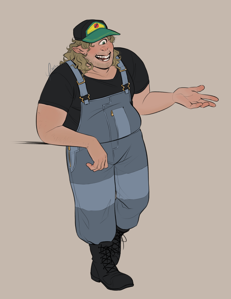 Digital artwork of a cyclops. He is heavyset and light-skinned with a visible tan and curly blond hair falling past his shoulders. He wears a baseball cap, denim overalls over a black T-shirt, and black boots. He stands leaning on one forearm as he gestures with his other hand, mouth open in a toothy smile as he talks to someone off-screen.