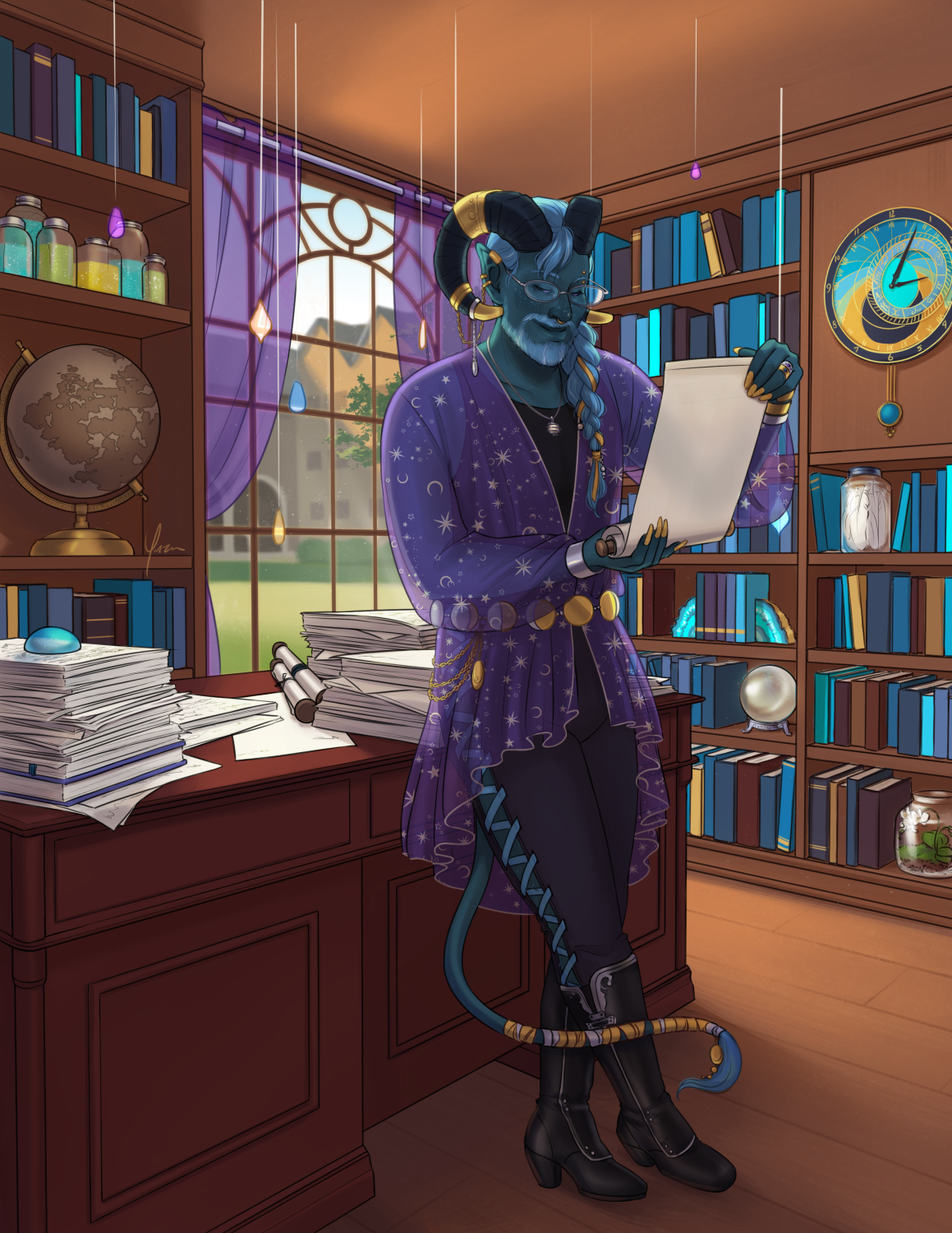 A digital illustration of a tiefling in their office. The office is warm, with wood floors and built-in bookshelves filled not only with books but various jars, a terrarium, and a globe. A clock hangs on one wall, and sunlight filters in through a large window which faces a campus courtyard outside. The tiefling leans against a mahogany desk laden with stacks of papers. The tiefling herself has dark blue skin with light freckles, dark blue ram's horns, light blue hair, and a tufted lion's tail. Her hair is braided over her left shoulder, and she has a short beard. He wears a translucent purple blouse with a starry pattern over a dark tank top and pants with a ribbon lacing up the sides, and knee-high black boots with silver detailing. In addition to ovular silver glasses, they wear a number of pieces of jewelry, including piercings, horn decorations, rings, bracelets, a necklace, and a gold-and-silver belt with the moon phases. They hold a scroll open in their hands, smiling fondly as they read.