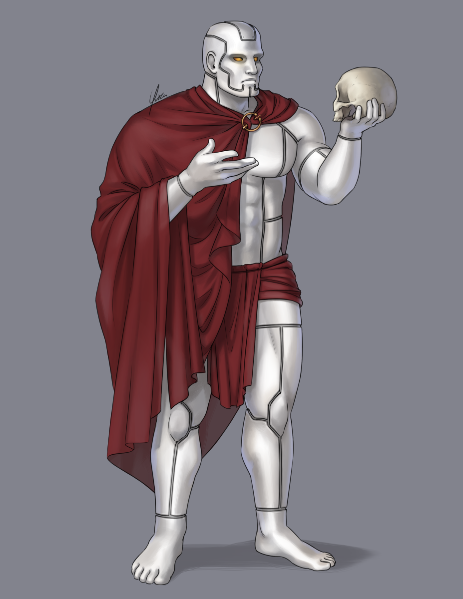 A digital character drawing of an artificially-constructed man. He has a large, muscular build with pupilless amber eyes and marble-white skin split into segments by long grey seams. He wears a red loincloth and a long red silk cape draped over his right shoulder and fastened with a circular gold pin. He stands holding a human skull in his left hand and regards it thoughtfully as he gestures to it with his right in an 'Alas poor Yorick' pose.