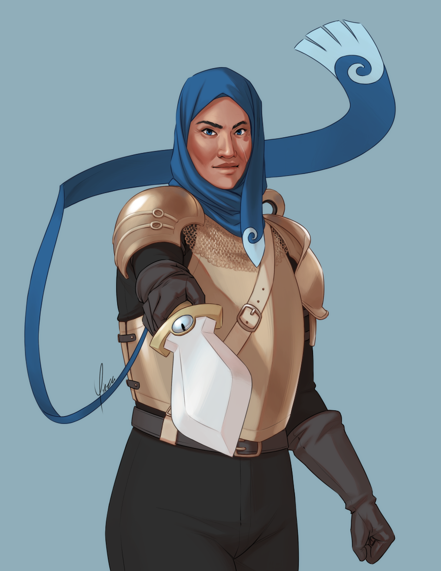 A digital drawing of a hijabi woman in golden armor. She is holding a Honedge (sword pokemon) towards the camera with a faint but confident smile.