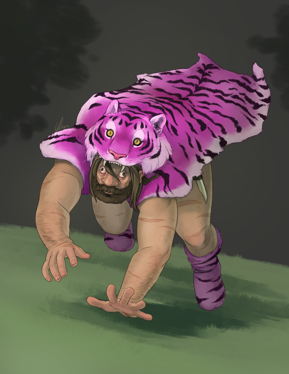 Digital artwork of a man running on all fours at an angle towards the viewer. He is light-skinned with a thick, muscular build, visible body hair, and numerous scars on his exposed arms and legs. He is wall-eyed with a large nose, long brown hair and a thick beard. He wears the pelt of a magenta tiger on his back and fashioned into boots, and a knife is visible tied to his left leg.