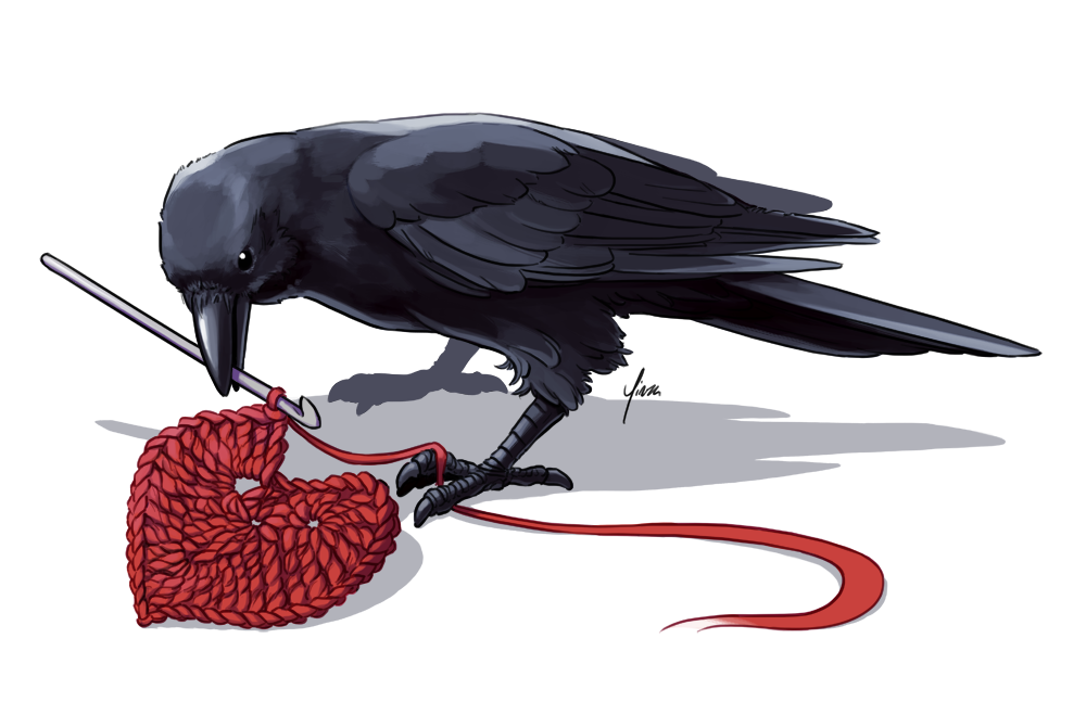A crow makes a crochet heart by holding the hook in its beak.