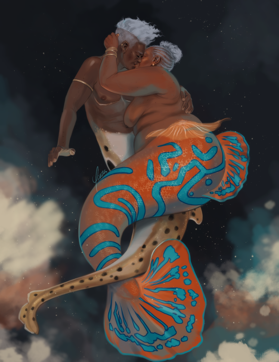 A digital painting of two older black mer people kissing, their tails twined around each other. The mer to the left is a trans man with visible top surgery scars. He has short grey hair in an undercut and the tail of an epaulette shark (tan with black spots). The mer on the right is a fat woman with grey hair partially in cornrows and the tail of a mandarinfish (orange with turquoise patterns). Both wear a few bands of gold jewelry.