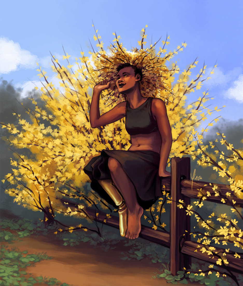 A black woman with a gold prosthetic leg sits atop a fence. She is wearing a hat made of forsythia branches, and is surrounded by blooming forsythia.