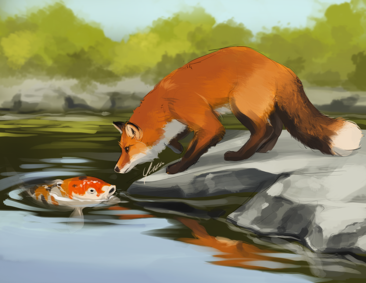 A rough digital painting of a red fox and an orange-and-white koi fish. The fox stands on a rock on the shore of a large pond, leaning down to peer at the koi fish. The koi fish has likewise lifted its head just above the surface of the water so that their noses are a few inches from touching.